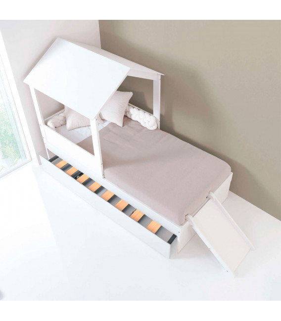 Haus cama alta con tobogán para colchón de 90x190 lacada en blanco